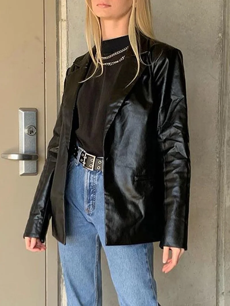 Autumn Coat 2023 Streetwear Black Women's Jacket Y2k Aesthetic Gothic Retro 90s Clothing PU One Button Women's Leather Jacket