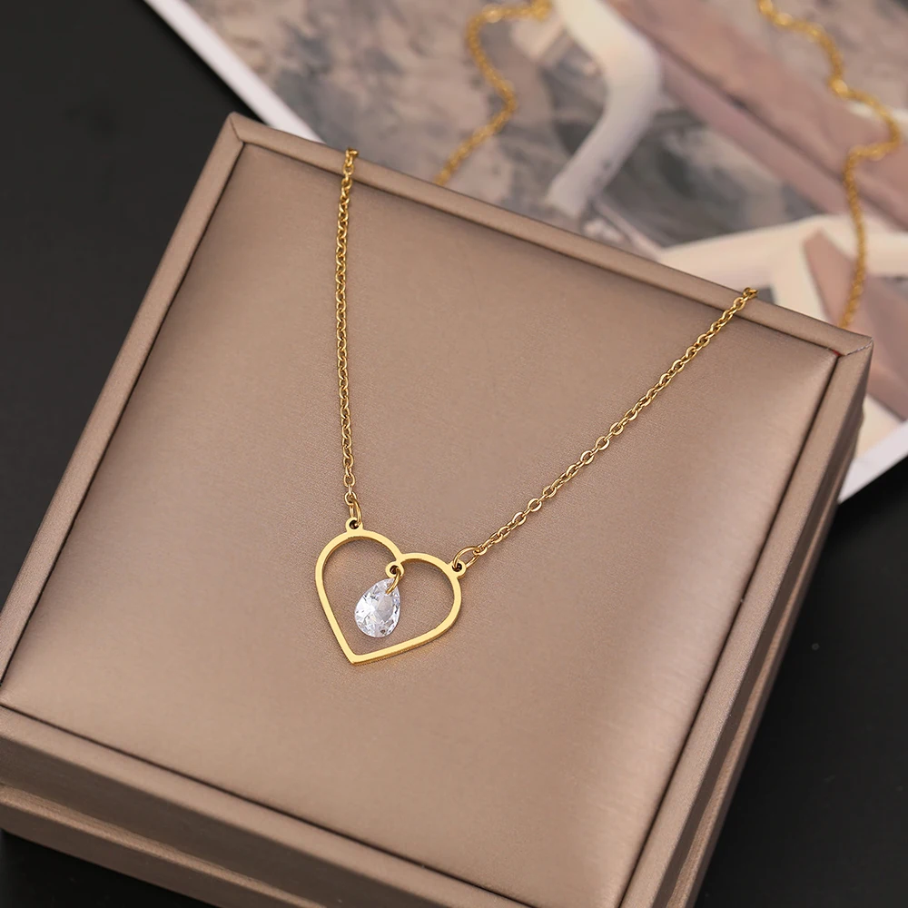 

Ожерелья из нержавеющей стали 3A подвеска в виде сердца с кристаллом из циркония модная цепочка Очаровательное ожерелье-чокер для женщин юв...