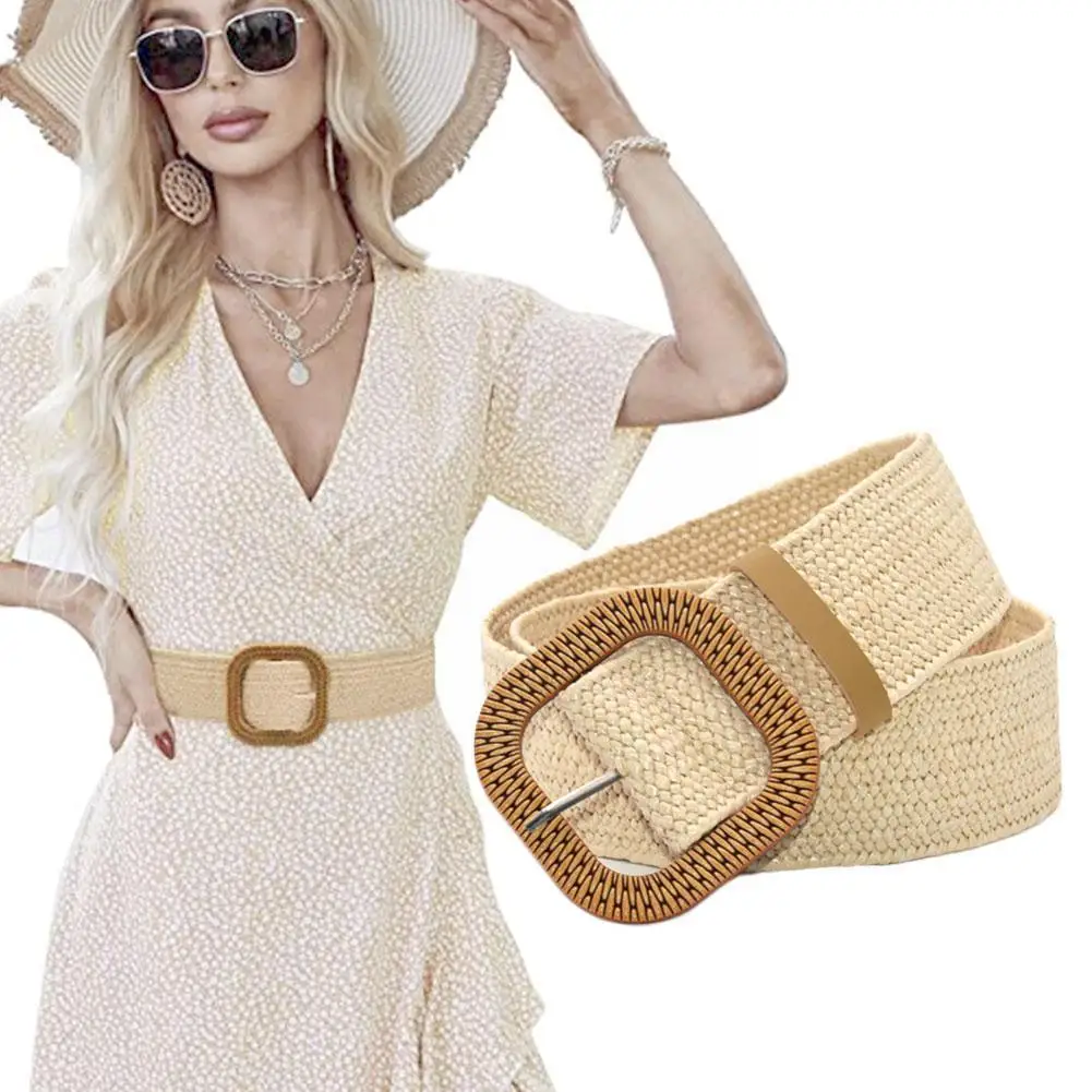 

Vintage Boho Braided Waist Belt Summer Female Belt Round Wooden Smooth Buckle Fake Straw Wide Belts For Women Hot Sale C9n4