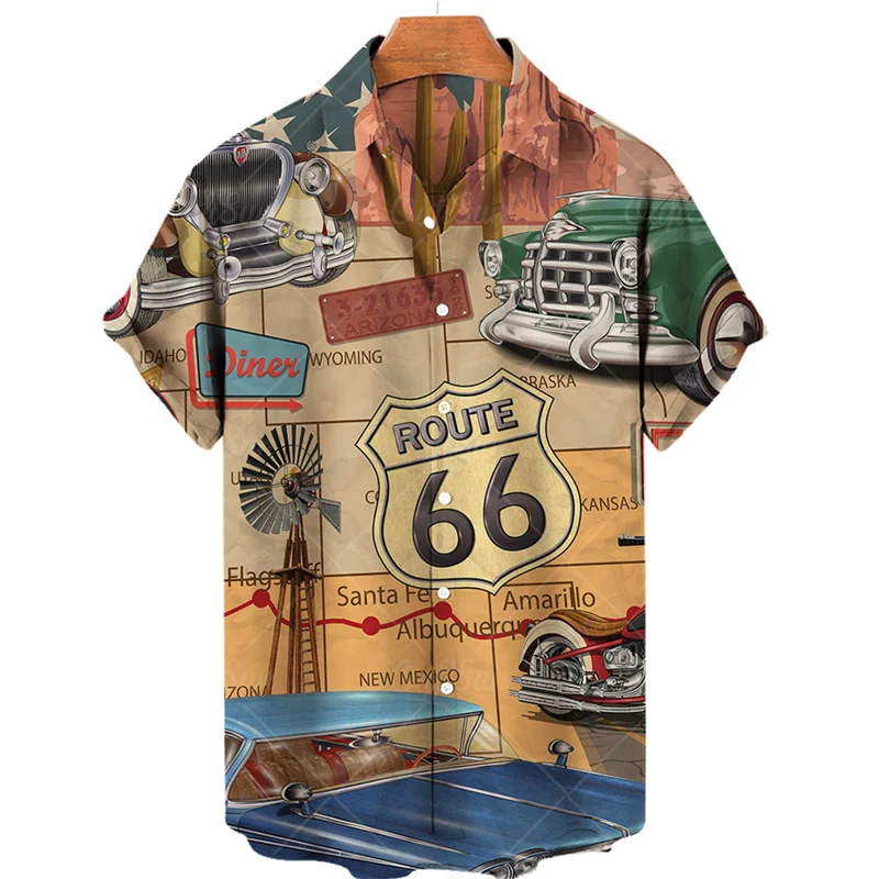 Men's Vintage Casual Social Short Sleeve Shirt Clothing Free Dazn Vacation Luxury Goth Travel Print Route 66 Original Fashion