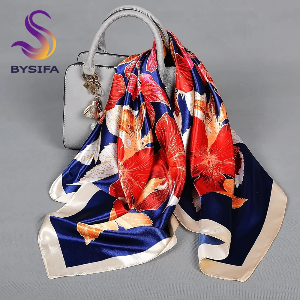 

BYSIFA| Spring Red Blue Silk Scarf Cape Chinese Style Elegant Flower Design Square Scarves Shawls Fouldard Fall Winter Scarves