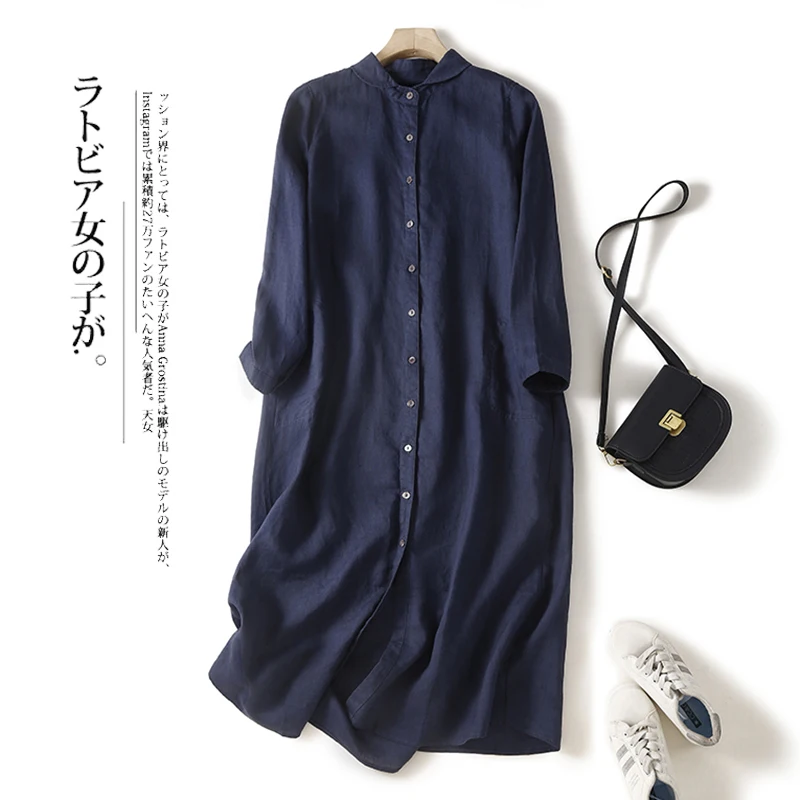 

Single Breasted Cotton and Linen Dress Women Casual Loose Peter Pan Collar Solid Spring Summer Shirt Dresses Navy White I924