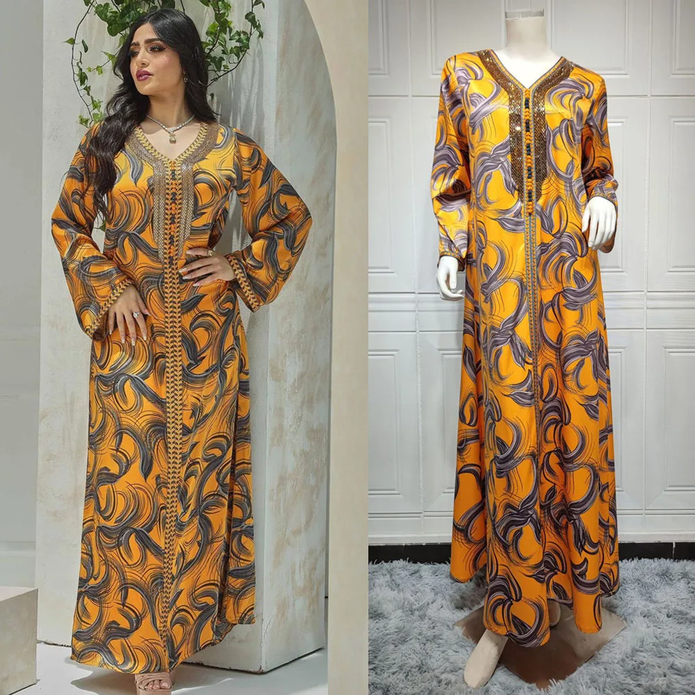 

Vintage Printed Moroccan Jalabiya Muslim Women Long Dress Dubai Arab Abaya Islamic Vestidos Middle East Turkey Maxi Robe Kaftan