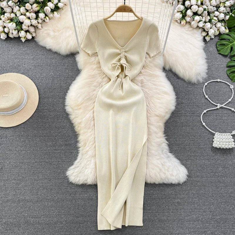 

Женское трикотажное платье на завязках, однотонное ажурное Привлекательное платье с высокой талией и V-образным вырезом в Корейском стиле, весна-лето 2023