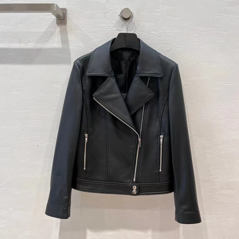 

Natural Leather Women Lambskin Leather Jacket Long Sleeves 100% Sheepskin Leather Coat H9022