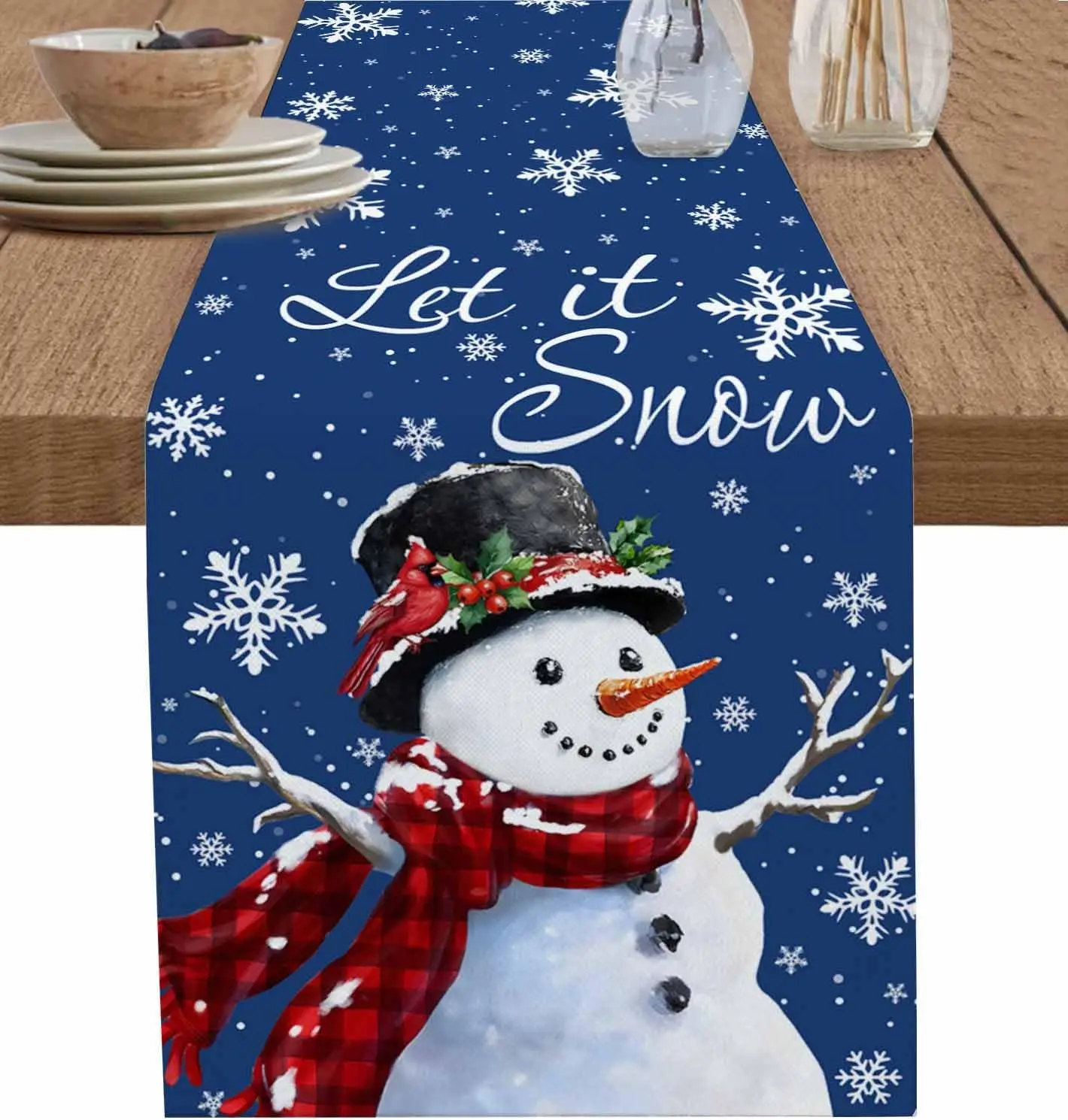 С Рождеством Снеговик Снежинки Ягоды Синий Льняной Скатерть Обеденный Стол