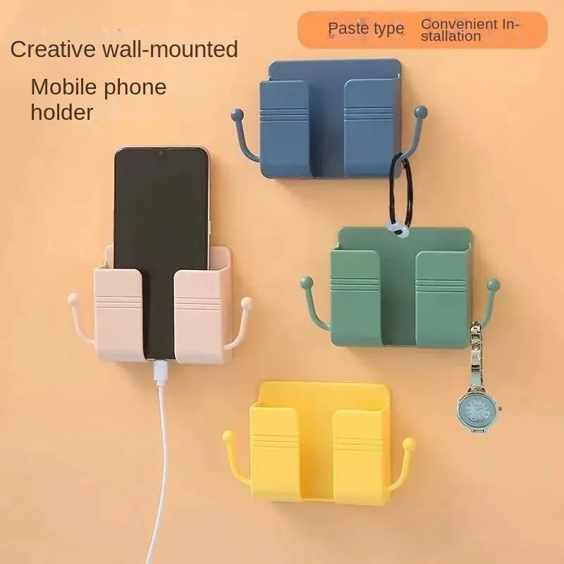 

4pcs Stick on mobile phone charging bracket Bathroom wall hanging shelf Multi functional storage bedside fixed lazy hook