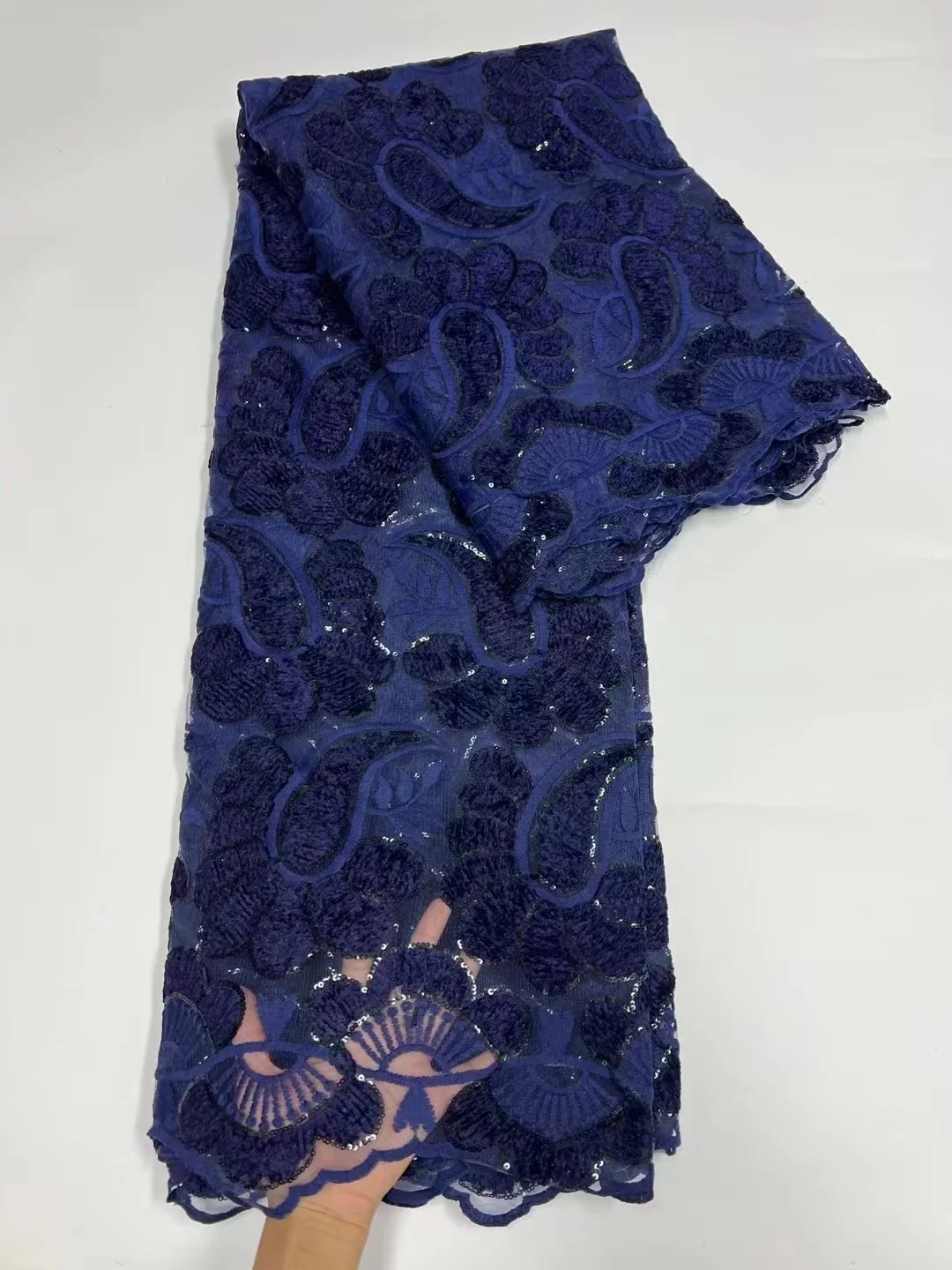 

Navy blue African Laces Fabrics 5 Yards 2022 Latest French Tulle Net Embroidery Sequins Lace Fabric For Wedding Dress Party