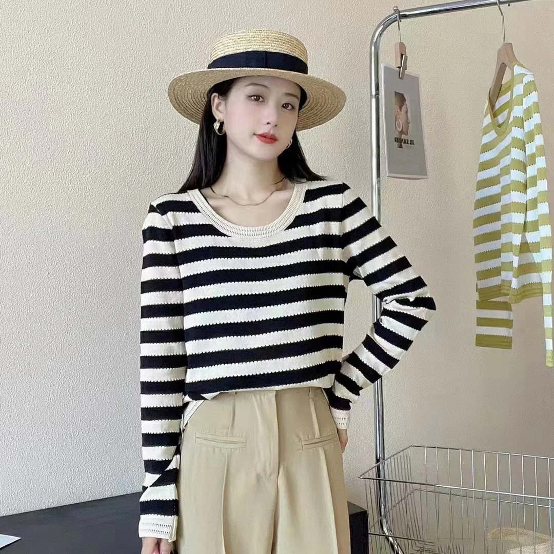 

Женский трикотажный свитер с контрастной полосой, винтажный Свободный пуловер большого размера с длинным рукавом и круглым вырезом, Осень-зима