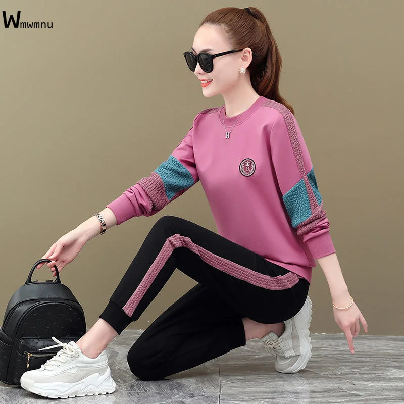 

Spring Elegant Spliced Women Tracksuit 2 Piece Sets Korean Pink Edge Outfit Chic O-neck Tops+Capris Pants Trengy Jogging Suit