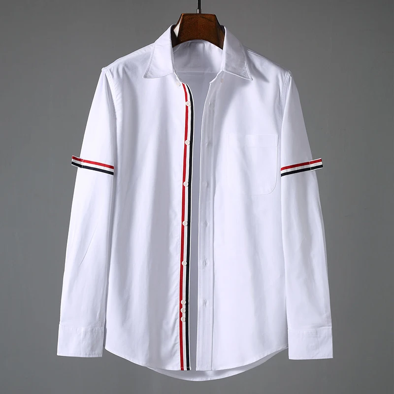 

TB THOM Men's Shirts Korean Brand Double Sleeve RWB Striped Clothing Fashion Casual Business Formal Cotton Oxford TB Blouse