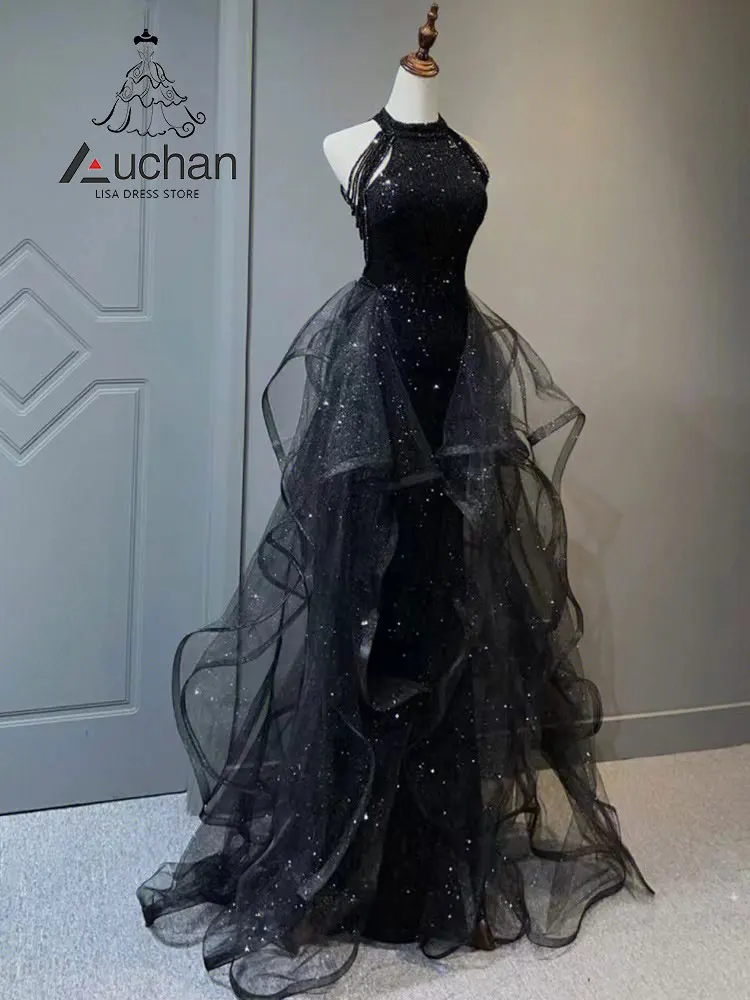

Auchan Lisa Black Floor-Length Halter Senior Evening Dress Summer Elegant Party New Dress Suit For Women 2023