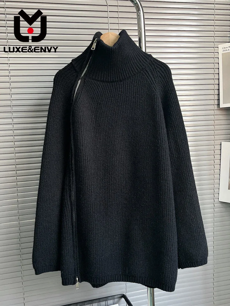 

LUXE&ENVY Design Sense Side Zipper High Neck Sweater Women Autumn Winter 2023 New Soft Glutinous Loose Pullover Knit Top
