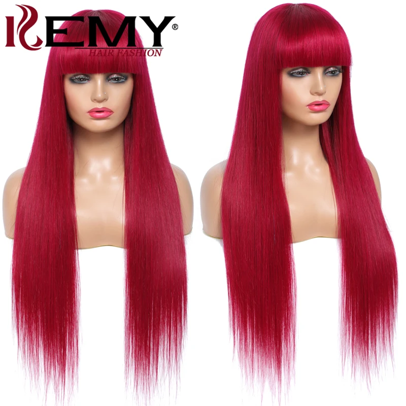 

99J/Burgundy Red Human Hair Wig With Bangs Brazilian Straight Human Hair Wigs Remy Full Machine Made Bangs Wig 150% Density