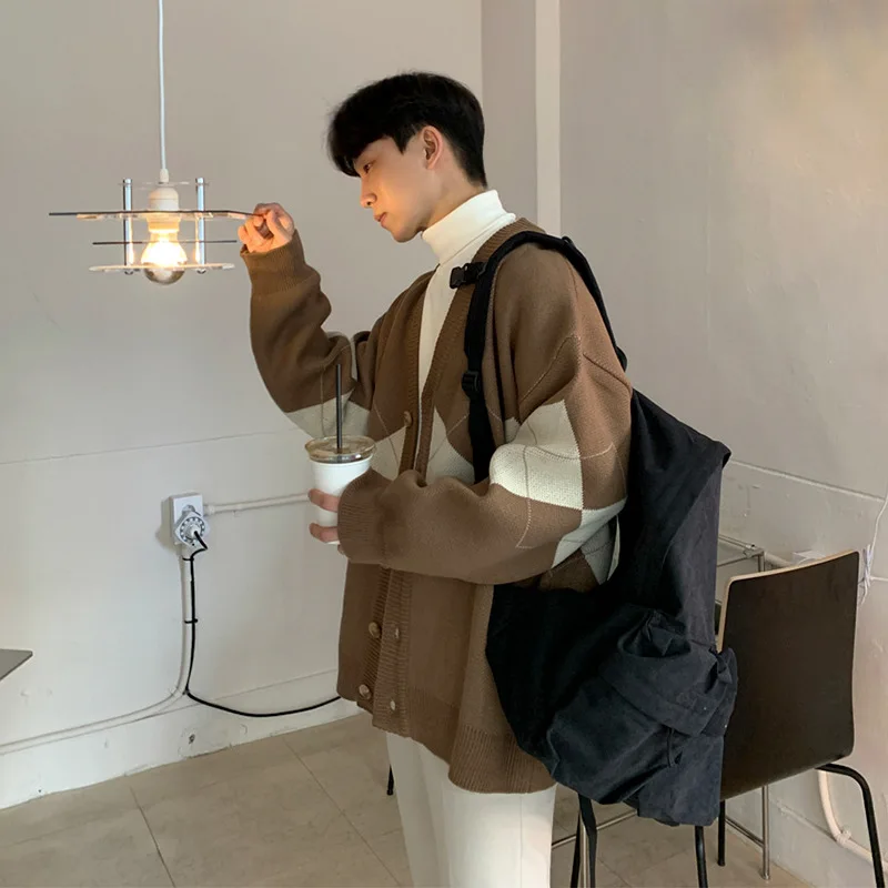 

Autumn Winter Sweater Coat Men Loose Casual Knitted Cardigan Men Checked Sweater Men Thickened Warm Sweater Men Sweater Men