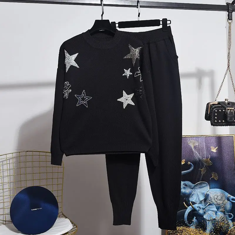 

Trendy Women Knitted Suits New Spring Autumn Sequins Stars Loose Pullover Sweater Top + Casual Harem Pants Black Sports Sets