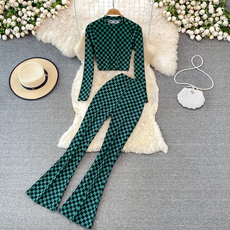 

Spring New Ladies Casual Fashion Plaid Sets High Waist Straight Flared Trousers Two-Piece Stand Collar Top Slim Suit Women Set