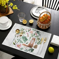 placemats for dining table green leaves with flowers and fox on wood grain heat resistant place mat washable durable kitchen