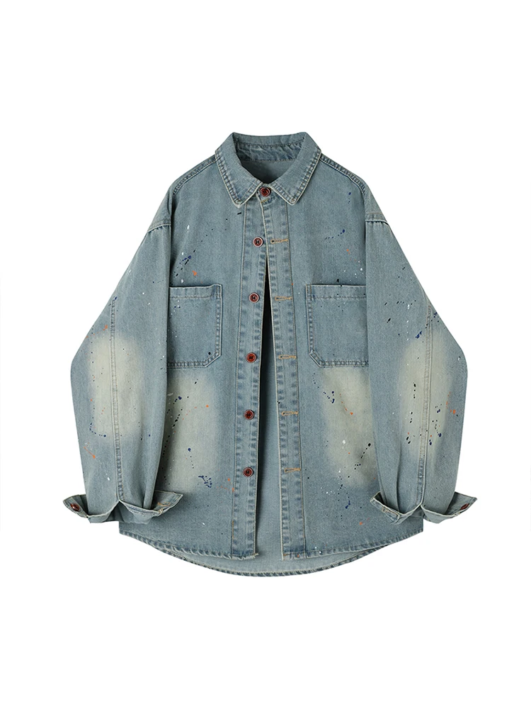 

New Fashion Splash Design Loose Long Sleeve Single Breasted Denim Shirt Spring Women Turn-Down Collar Casual Blouse Lady Clothes