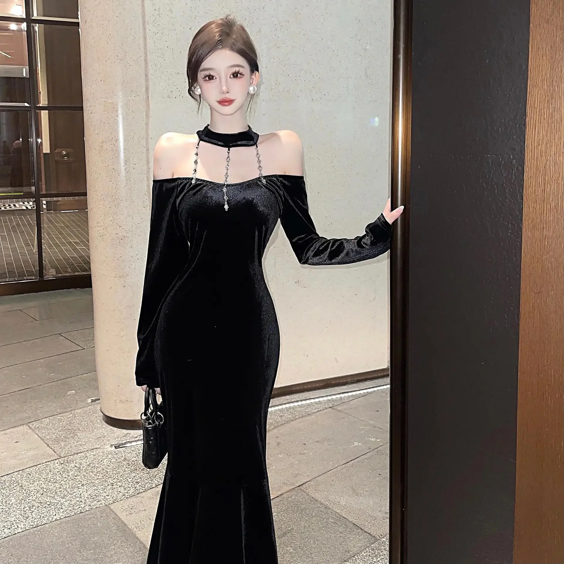 Винтажное бархатное платье женское черное платье-русалка для похудения