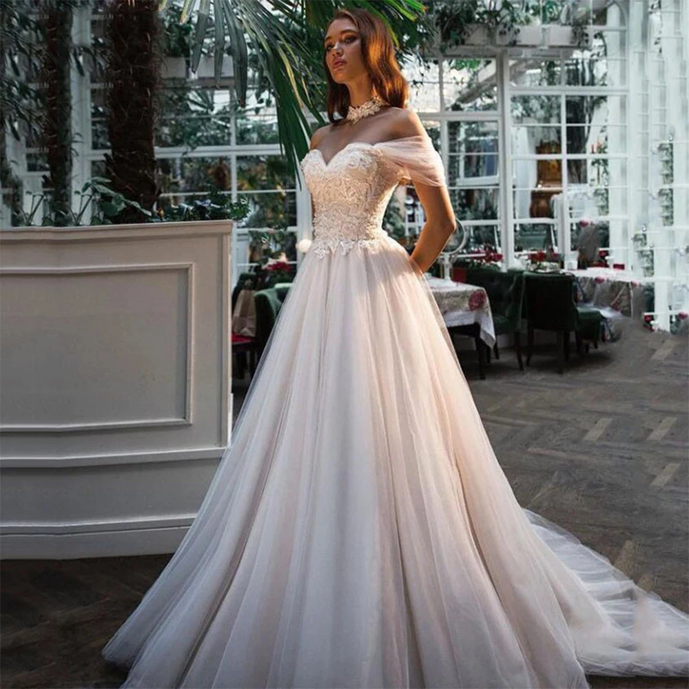 

Charming Off The Shoulder Lace Tulle Princess Wedding Dresses 2023 A Line Sleeveless Lace-up Back Bridal Gowns Vestidos Novia