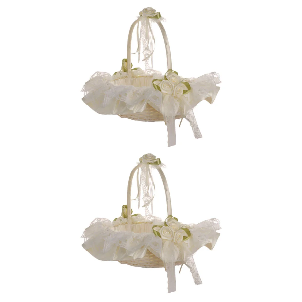 

Basket Flower Wedding Girl Basketswhite Storage Gift Lace Satin Weddings Ceremony Party Mini Candy Decoration Bowknot Wicker