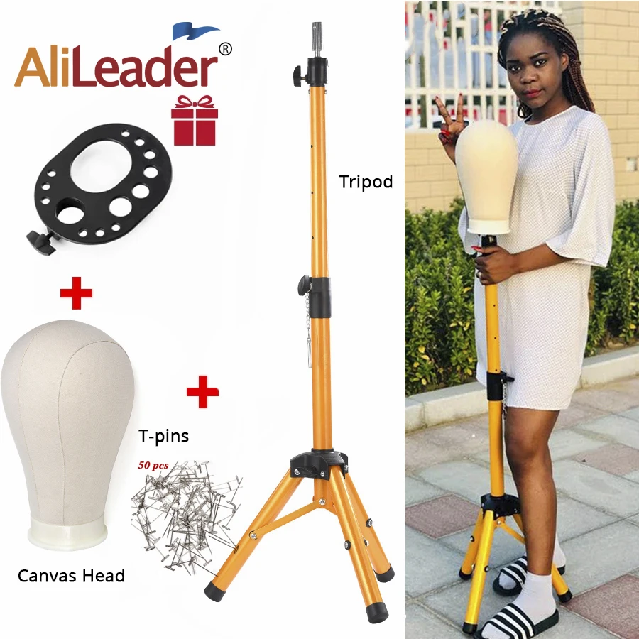 

Alileader Golden 125Cm Wig Stand Wig Tripod With Mannequin Canvas Block Head Adjustable Tripod Stand Wig Making kit TPins Gift