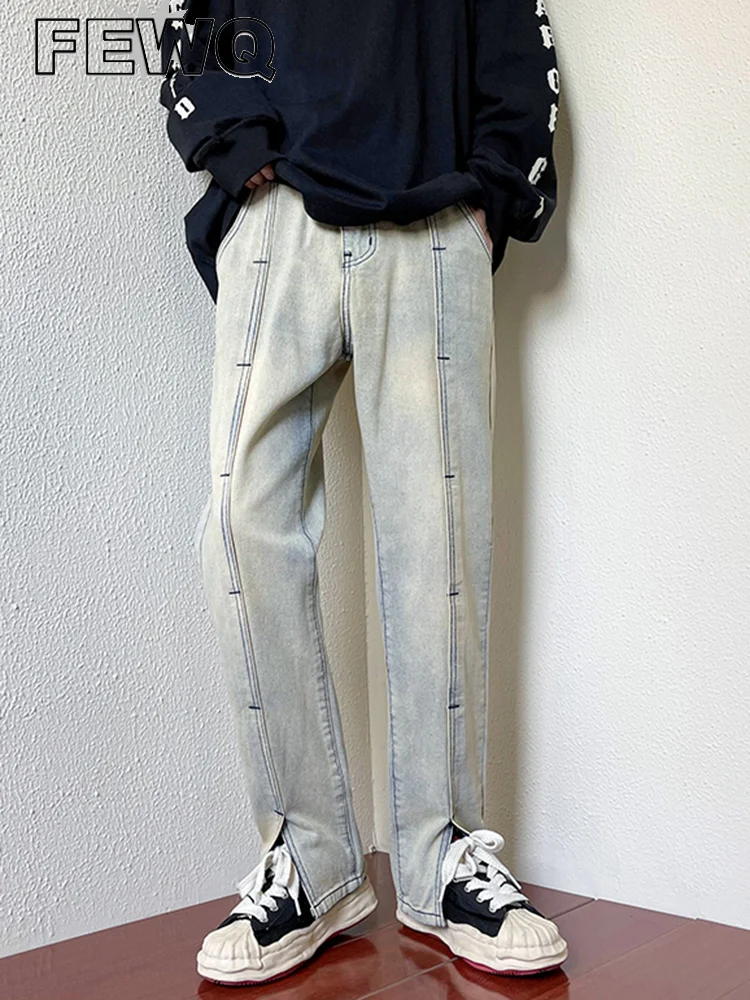

FEWQ American Casual Jeans Men's Split Line Straight Wide Leg Pants 2023 Autumn High Street Solid Color Retro Trousers 24A841