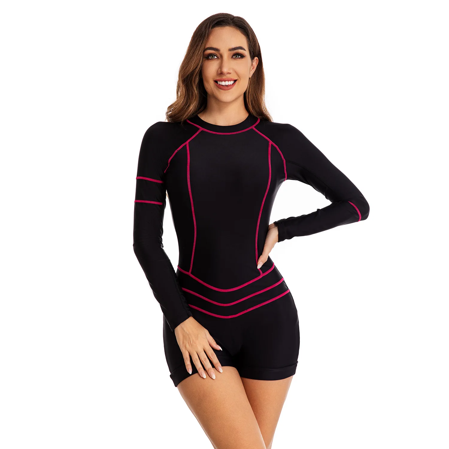 One Piece Long Sleeve Swimsuit Women 2023 New Stripe Sport Swimwear Monkini Female Surfing Swim Bathing Suits Sun Protection