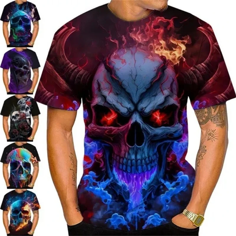 

Summer Retro Horror Skull 3D Printed T Shirt For Men Casual Oversized Short Sleeve Vintage Clothes Streetwear Hip Hop Tops Tees
