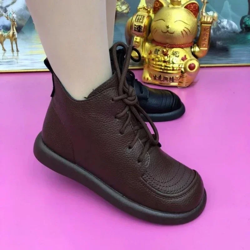 

Женские ботинки с круглым носком, однотонные удобные ботинки на толстой подошве, со шнуровкой, зимний сезон 2023