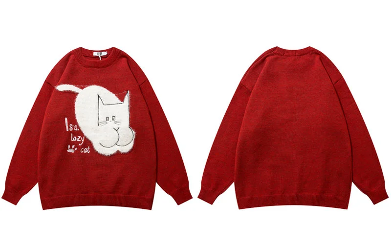

Streetwear Knitted Sweater Hip Hop Embroidery Fuzzy Cartoon Cat Pullover Jumpers Sweaters 2023 Autumn Harajuku Casual Korean Men