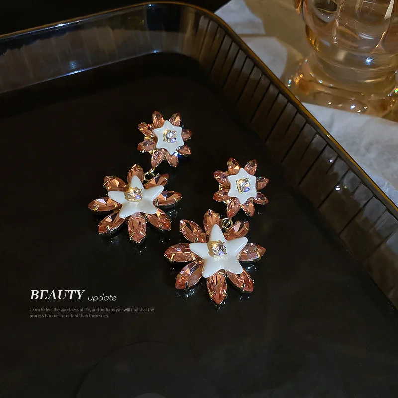 

LOVOACC Trendy Contrast Color Flower Drop Earring for Women Bling Bling Rhinestone Floral Long Dangle Earrings Holiday Jewelry