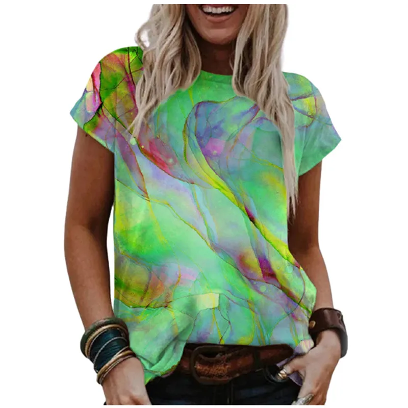 

3D Tie-dye Printed T-shirt Women's Short Sleeve O Collar Summer Top Women's T-shirt Fashion Clothing