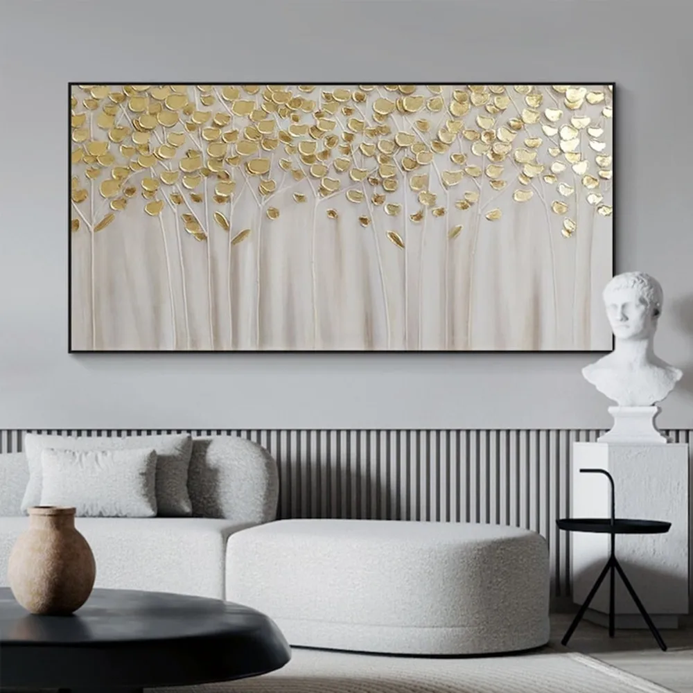 

Large Golden Leaf Oil painting on Canvas Decorative Mural Unframe Acrylic Hanging For Living Room Bedroom Wall Art