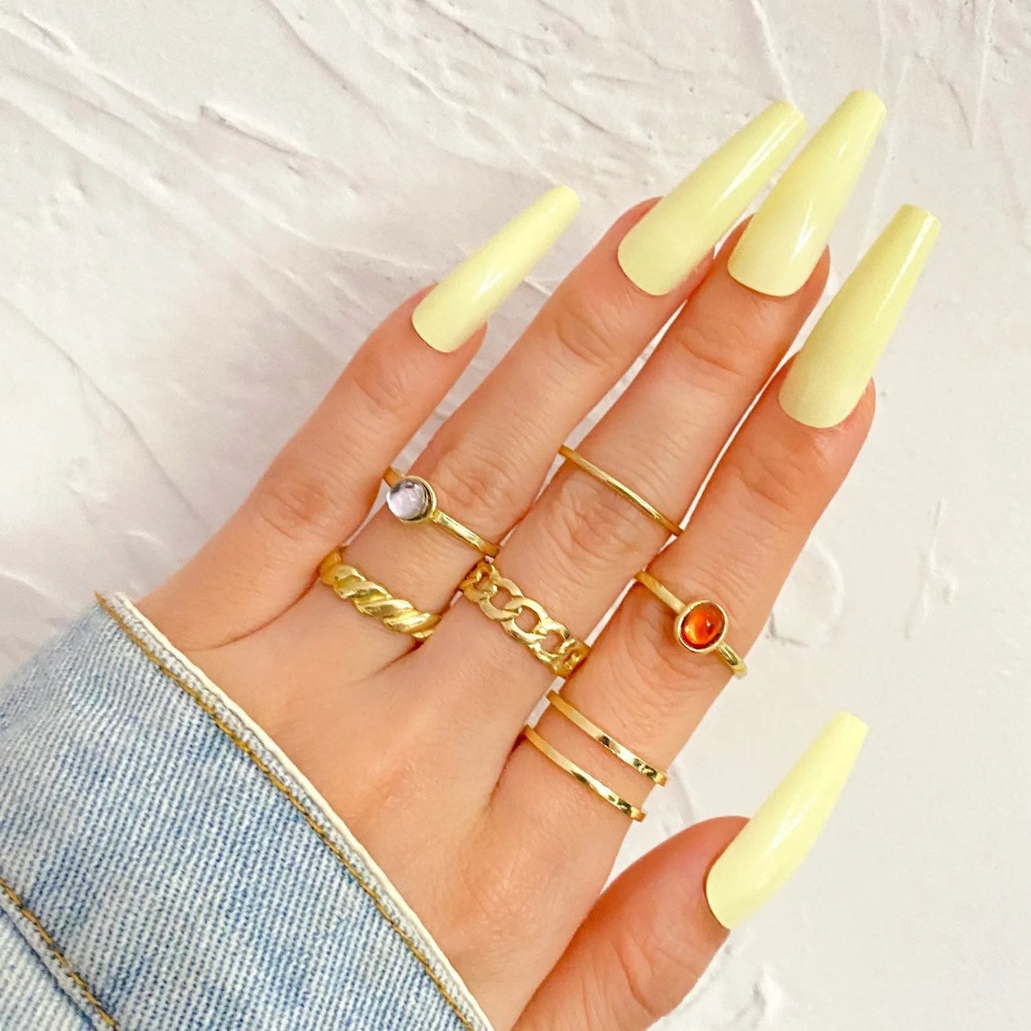 

New Korea Fashion 8pcs/set Vintage Colorful Stone Metallic Chain Trendy Geometry Hit Rings Set for Women Girls Jewelry Gifts