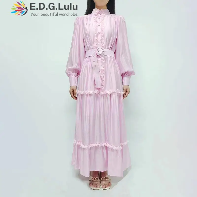 

EDGLuLu Stand Collar Single Breasted Pink Dresses For Women 2022 Luxury Designer Elegant Party Loose Longdress +sashes 0517