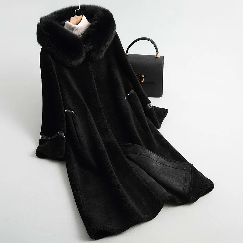 

Luxury brand Fox Collar 100% Wool Jacket Korean Autumn Winter Women Clothes 2023 Real Fur Coat Sheep Shearling Suede Lining ZT36