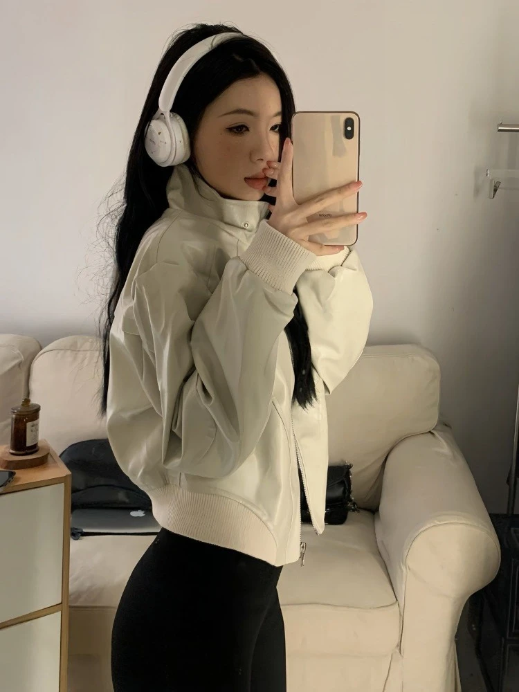 Женская Асимметричная куртка из ПУ кожи с воротником-стойкой и длинным рукавом