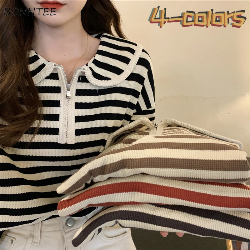 

Long Sleeve T-shirts Women Spring Striped Fashion Sweet Kawaii Loose All-match Korean Style Retro Casual Zipper Crop Young Chic