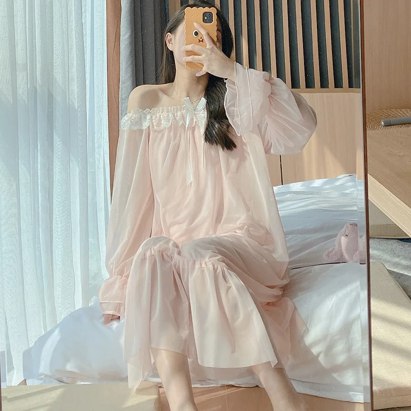 Lace Sexy Luxury Homewear COTTON Sleepshirts Slash neck Women Long White Nighties Homewear Dress Nightgowns Sleepwear