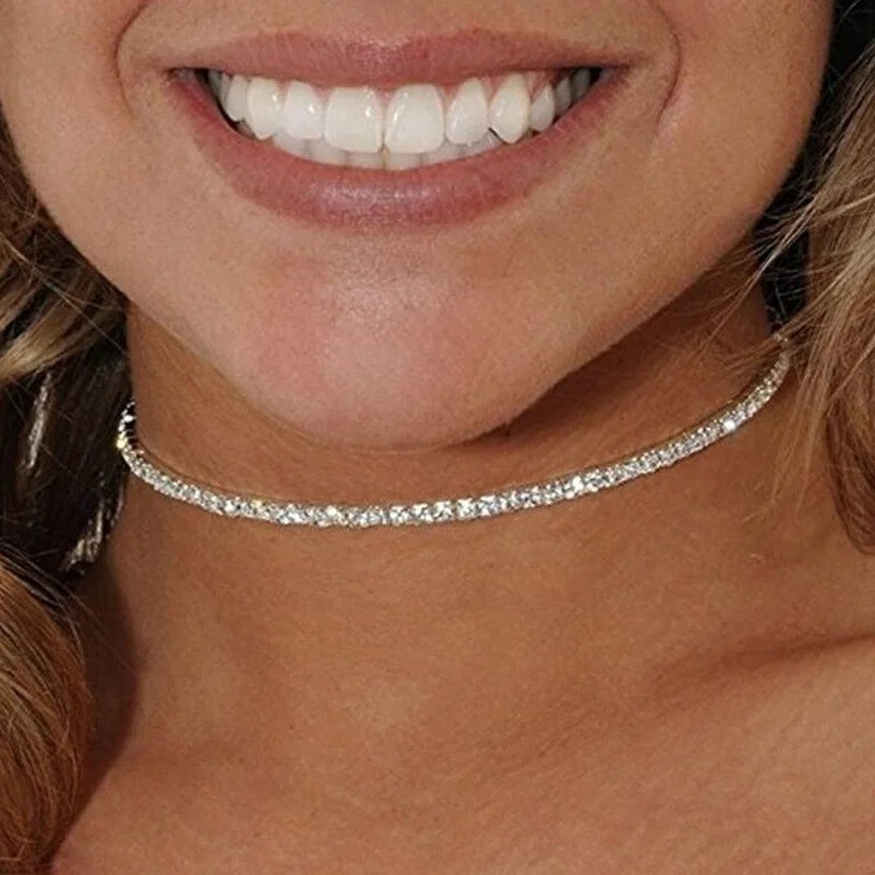 

New European and American Luxury Inlaid Rhinestone Necklace Clavicle Short Chain Ladies Fashion Simple and Versatile Necklace Gi