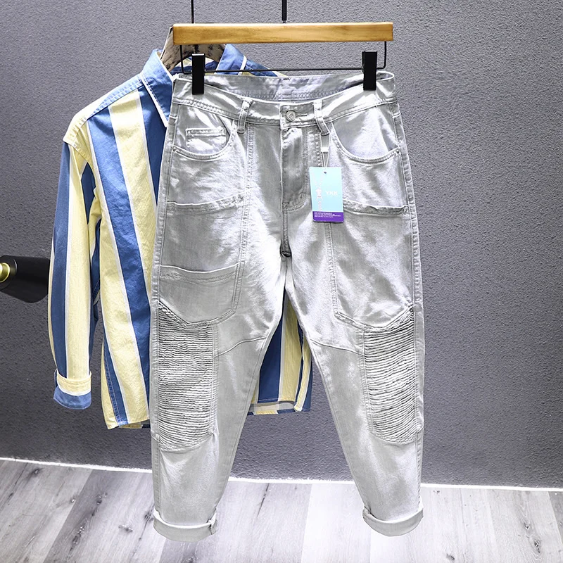 

Men's Streetwear Jeans Slim Fit Elastic Fashion Stitching Folds Hip Hop Youth Cargo Biker Jeans Male Clothing Denim Trousers