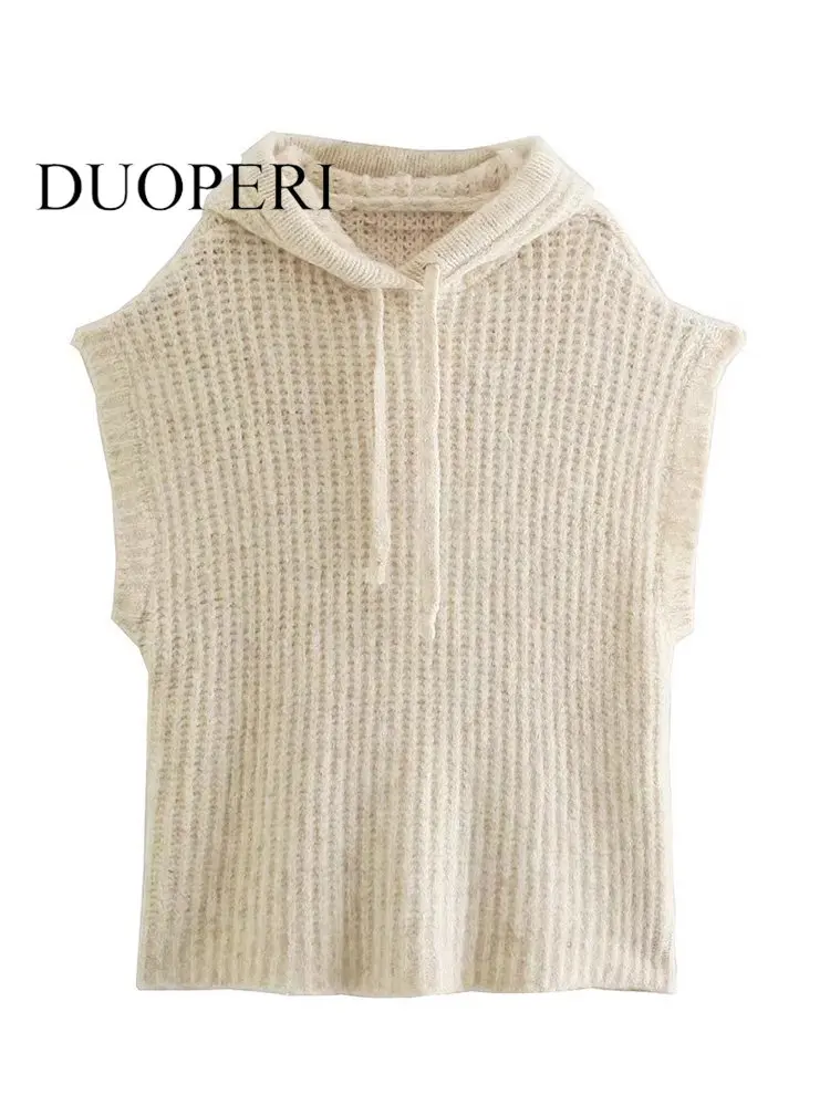 

Модный женский однотонный вязаный свитер DUOPERI, жилет, винтажный женский шикарный топ без рукавов с капюшоном и воротником