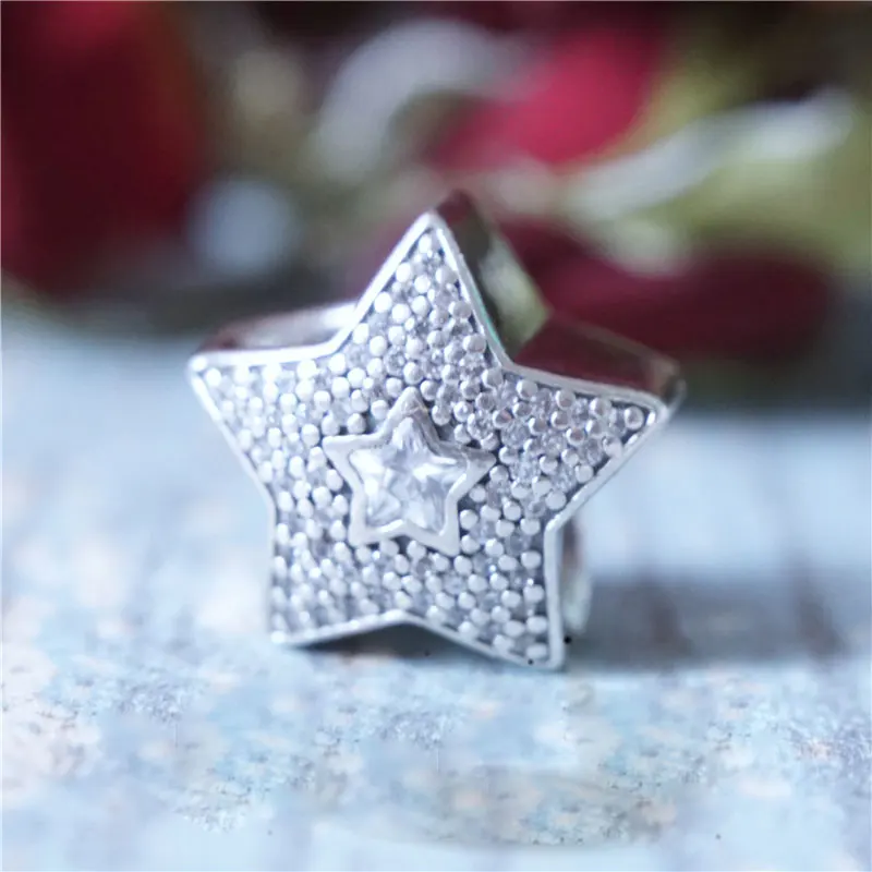 

925 Sterling Silver Wishing Star with Clear Cz Charm Bead Fits European DIY Style Bracelets Necklaces