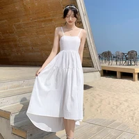 new white long slip dress women summer 2022 runway backless elegant korean sundress casual beach vacation party night dresses