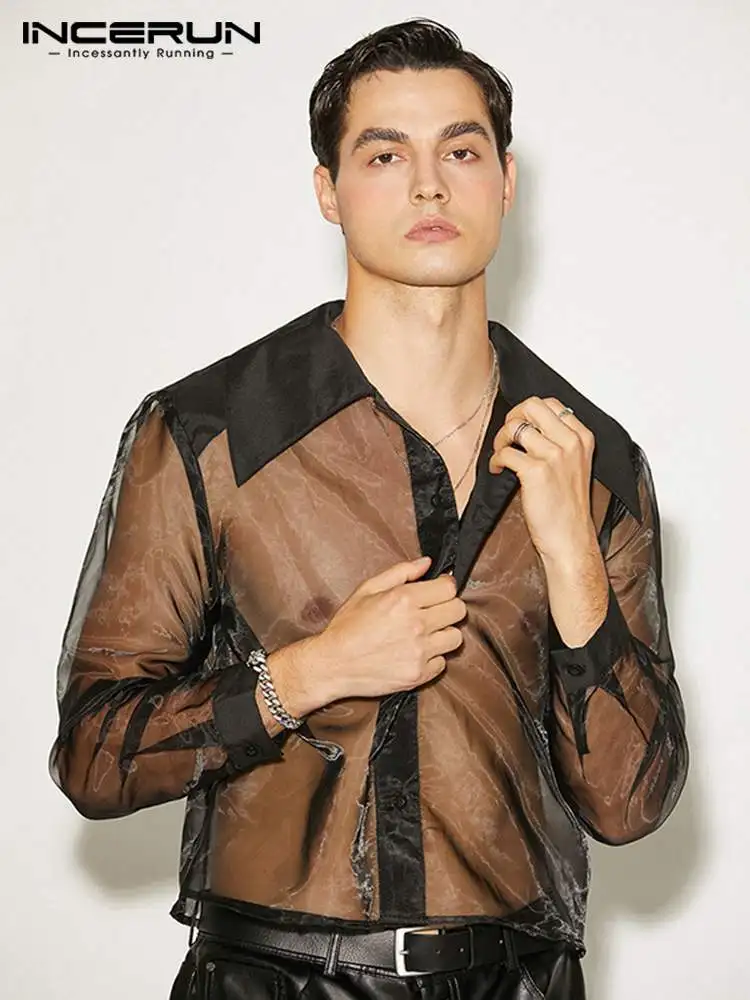 

Fashion Men Shirt Mesh Patchwork Transparent Lapel Long Sleeve 2022 Party Nightclub Shirts Button Streetwear Camisas 5XL INCERUN