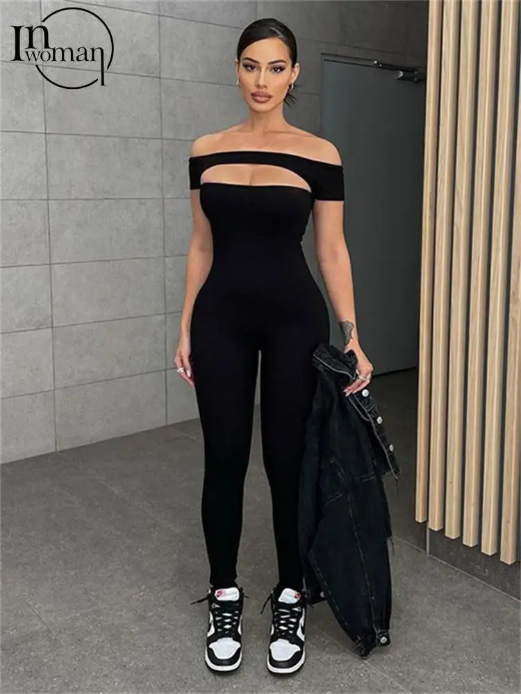 

INWOMAN Summer Bodycon Rompers Womens Jumpsuit 2022 Short Sleeve Strapless Jumpsuits Female Black Skinny One Piece Outfit Women