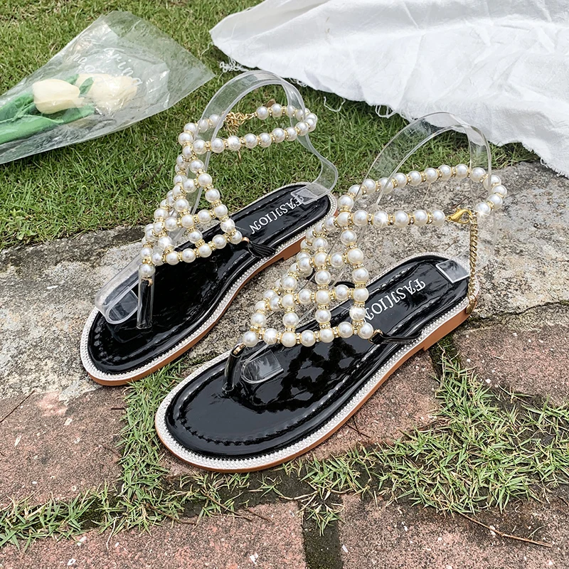 Сандалии женские с мягкой подошвой универсальные туфли жемчугом плоская подошва