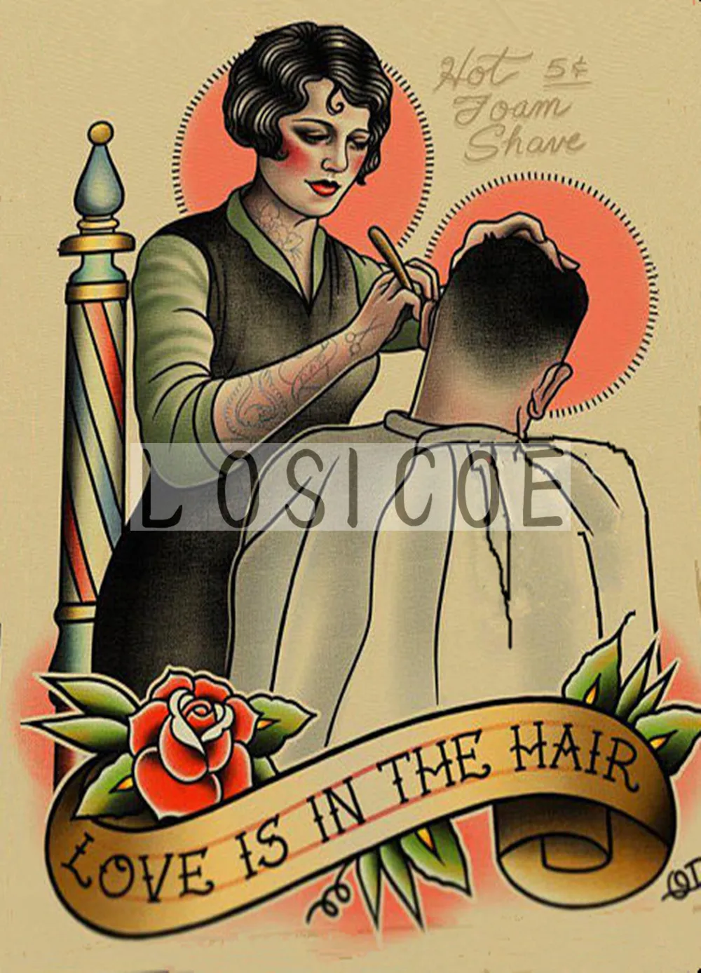 

"LOVE IS IN THE HAIR" Tattoo Posters Painting Wall Sticker Retro Kraft Paper Print Art Magazines Barber Shop Wall Decoration